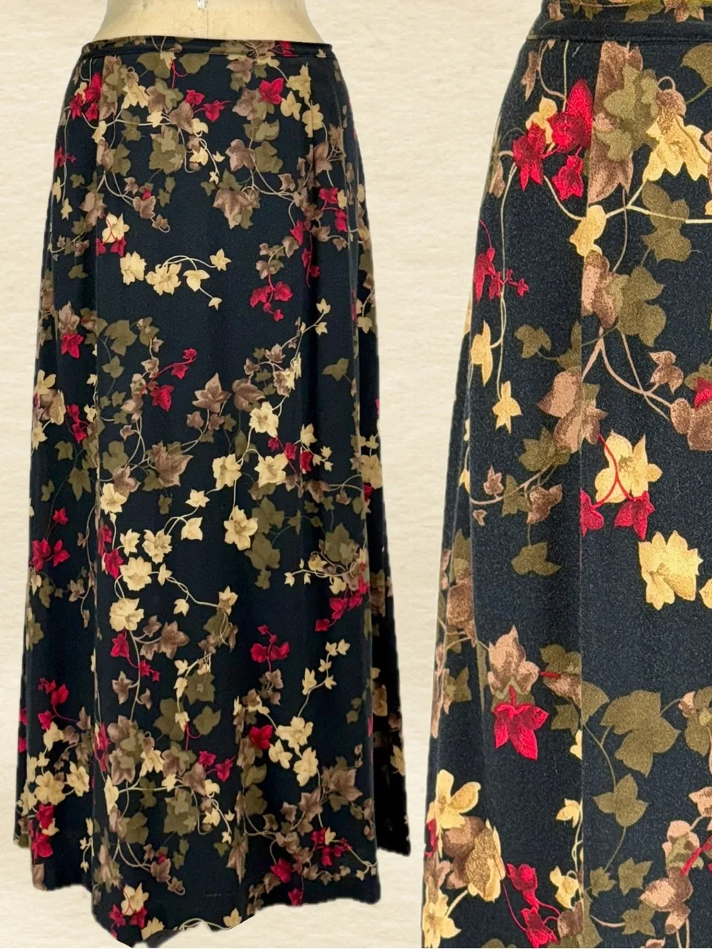 VINTAGE 90s ivy vine dark floral skirt long maxi elastic waist red black autumn
